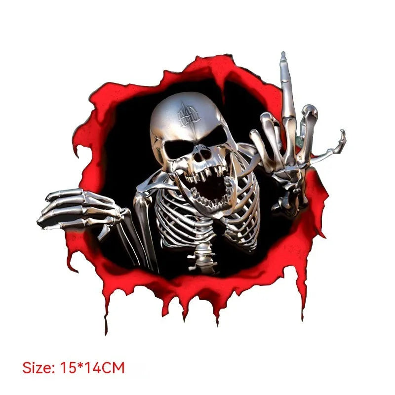 Reflective car bumper sticker with metal skull design and colourful broken shell pattern measuring 15x14cm
