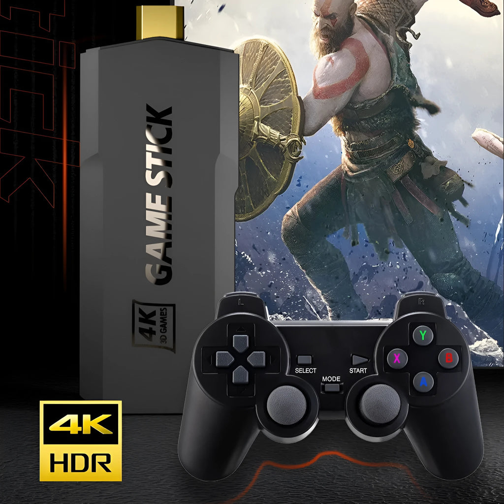 HD home TV game console with handheld controller on television stand showing HDMI connection