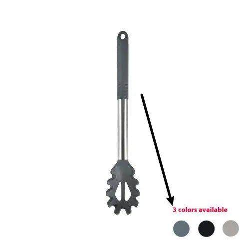 Black silicone kitchen utensil set with 12 tools stored in a rotating plastic storage bucket on a worktop.