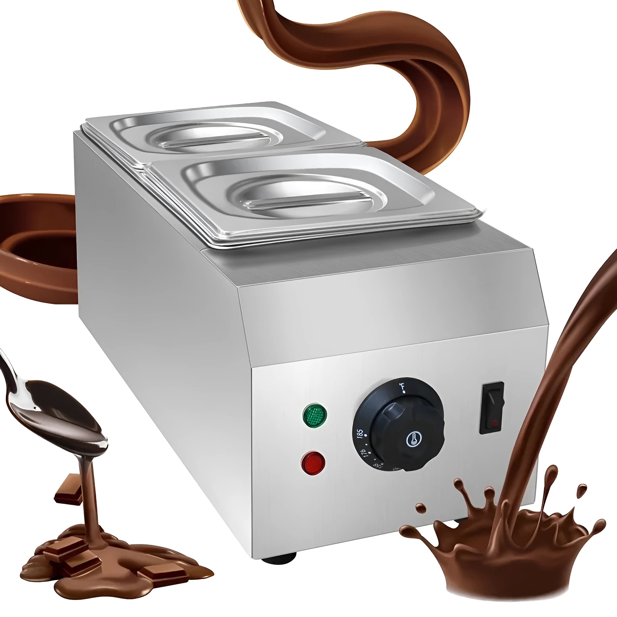 Commercial electric chocolate melting machine with double pot and digital temperature control display.