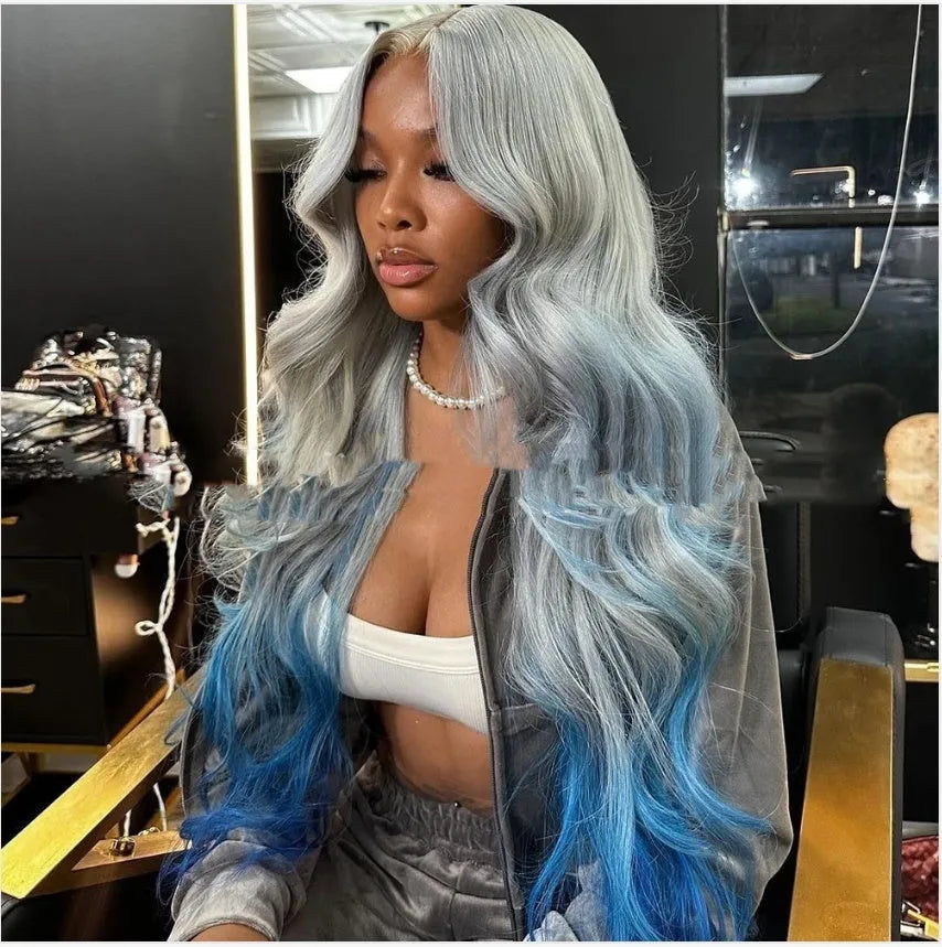 Grey blue gradient colour human hair lace front wig with natural-looking 4x4 lace frontal