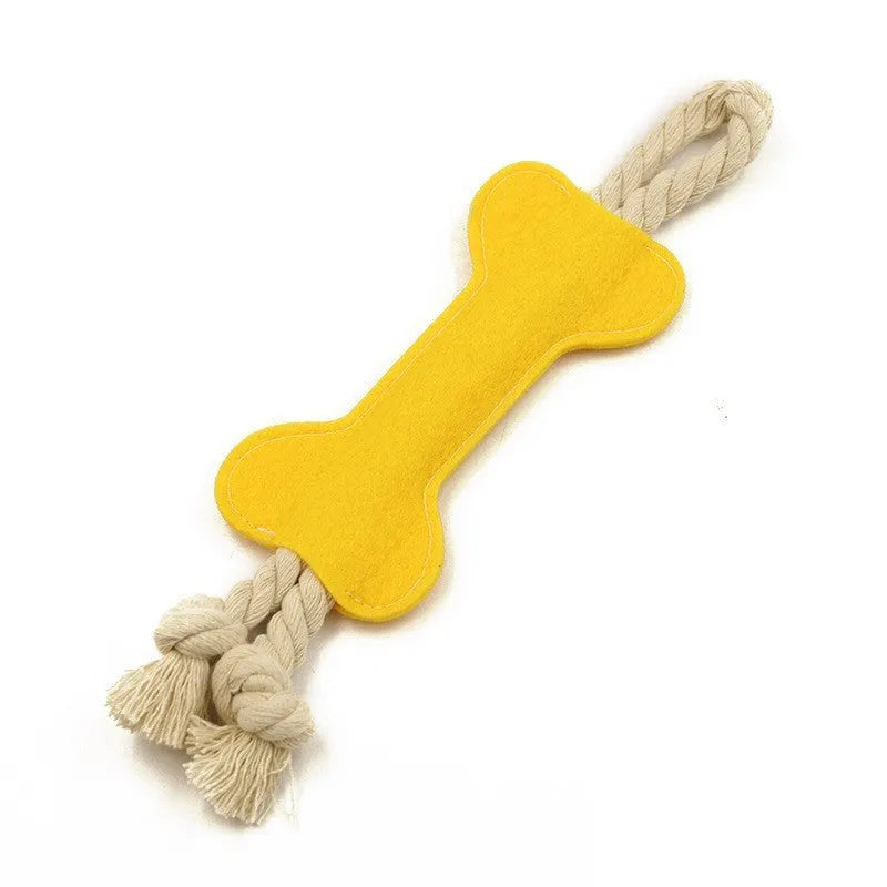 Bone-shaped felt dog toy with rope knot construction, showing black colour option