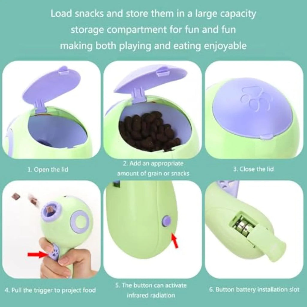 Green, orange, or pink dog treat launcher toy for interactive pet training and slow feeding