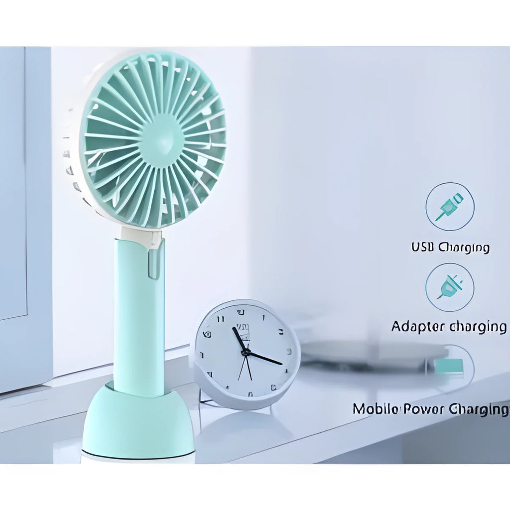 Blue handheld mini USB electric fan with three-speed settings and shaking head motion