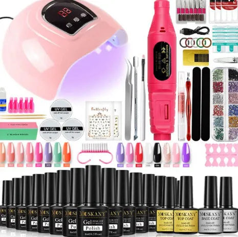 Gel nail polish set with UV lamp, USB cable, and plastic suit in multicolor finish
