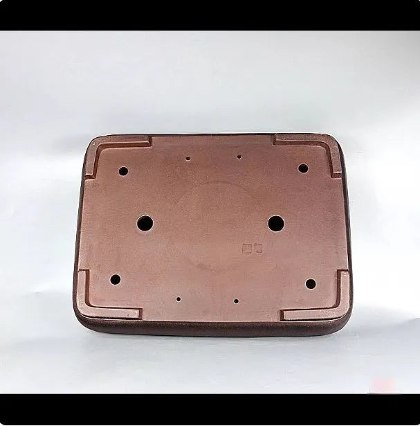 Handmade antique rectangular purple clay flower pot showing its size and shape.