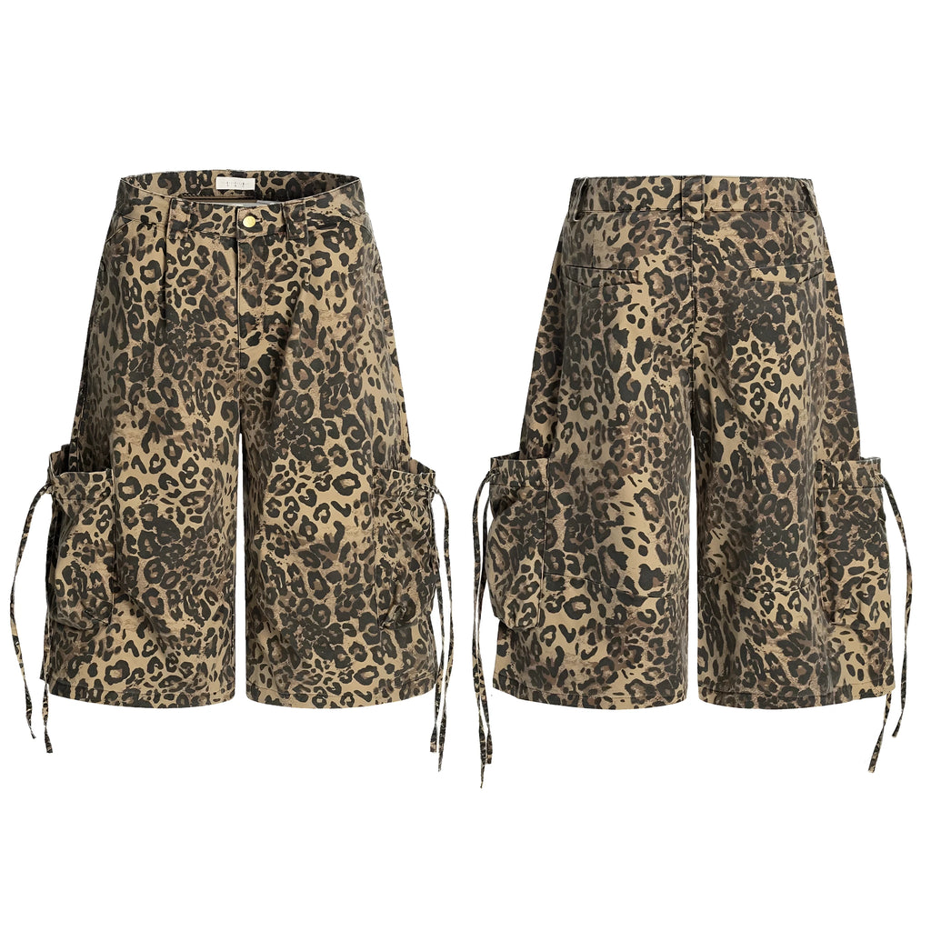 Women's leopard print cotton cropped trousers with high waist and straight leg design