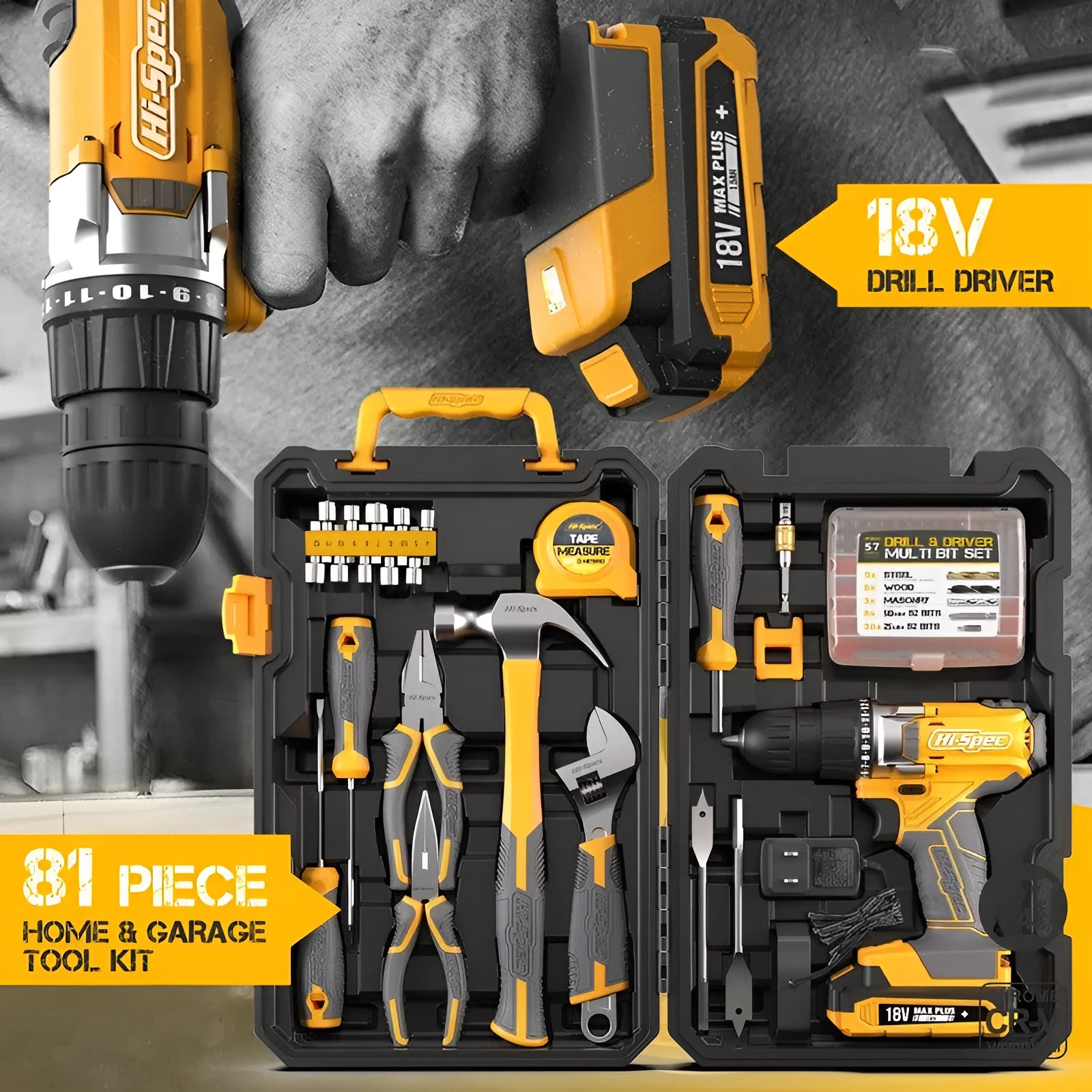 82-piece grey-yellow tool set for furniture installation with chrome-vanadium steel tools in storage case