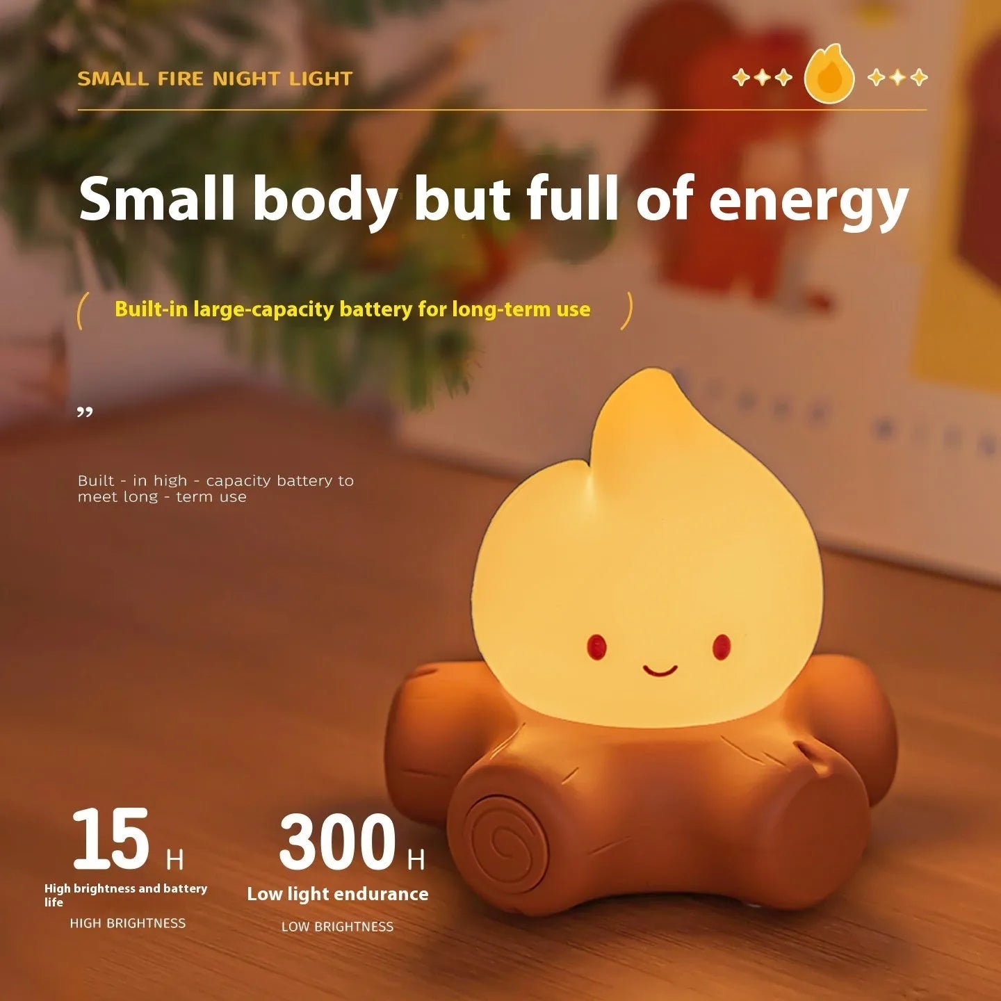 Silicone small fire pile cartoon night lamp with ABS shade on a surface.