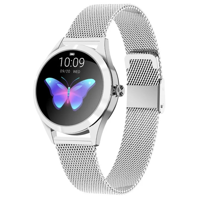 Women's sports smartwatch showing heart rate monitoring and waterproof features in black, silver, rose gold, and white colours