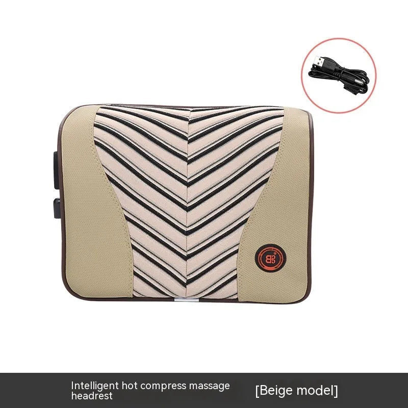 Black and red electric car massage headrest and lumbar support cushion with leather mesh fabric.