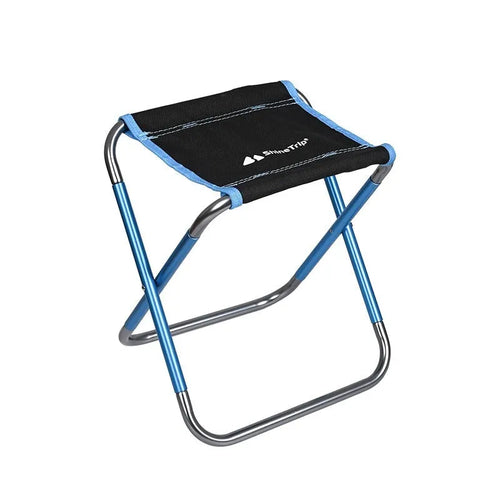 Black folding camping stool with aluminum alloy frame, shown in folded and unfolded positions.