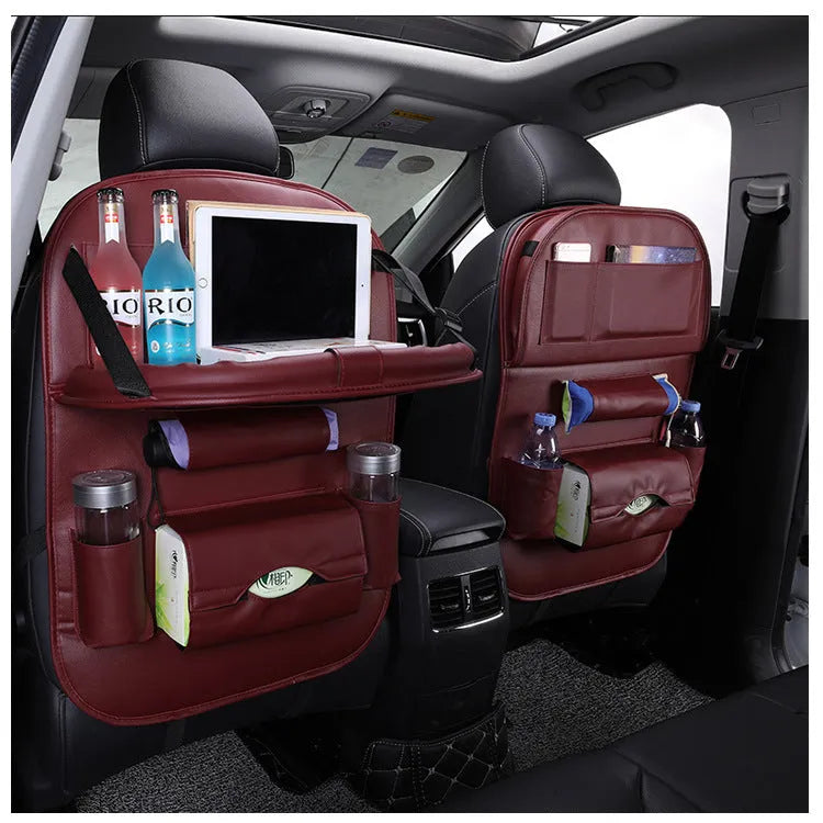 Leather car seat back hanging bag in classic style available in multiple colours for car storage organisation