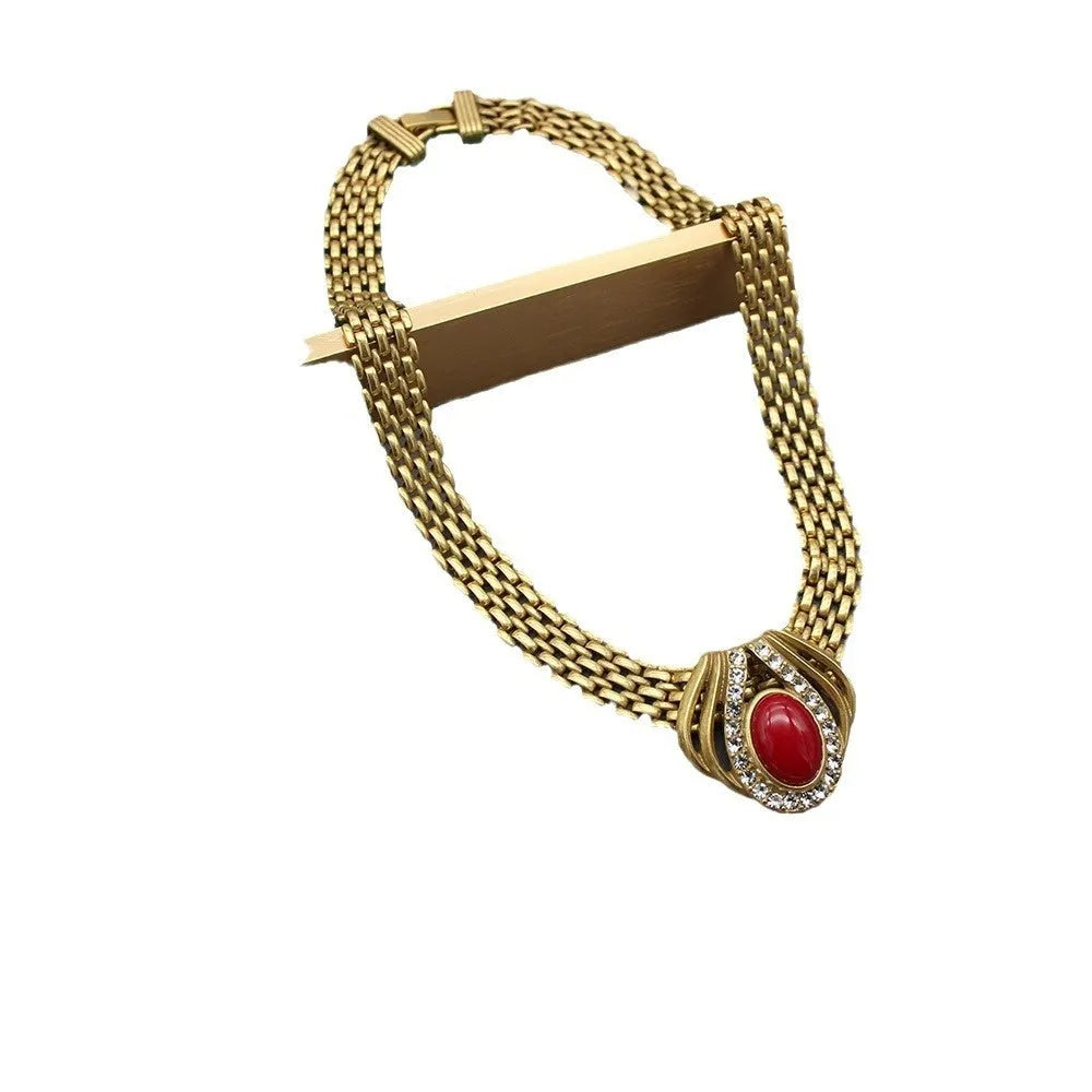 Handmade oval necklace with red and green agate inlay, copper pendant and Chopard-style chain