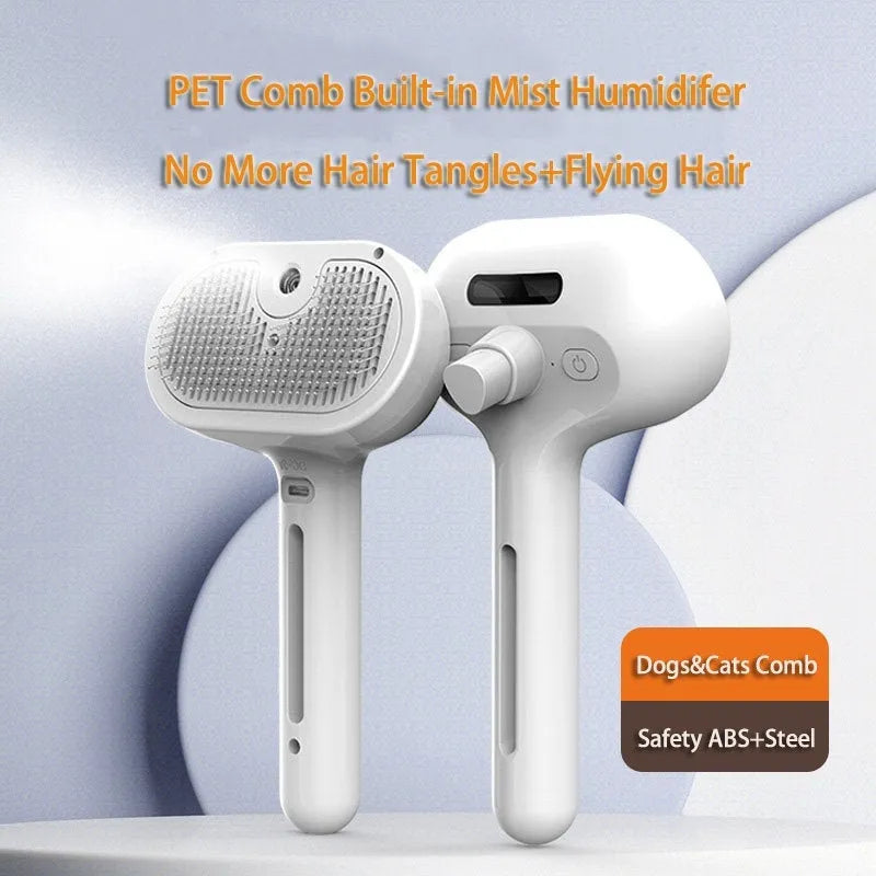 White self-cleaning pet comb with misting function and angled bristles on a light background