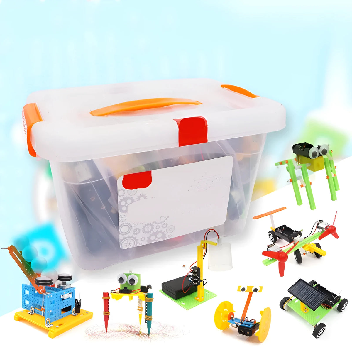 Plastic DIY building block set for science experiments and educational play, shown in 6, 9, or 12-piece options.