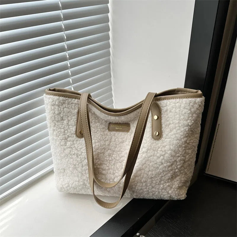 Cotton colour block bucket bag with phone pocket in beige colour option