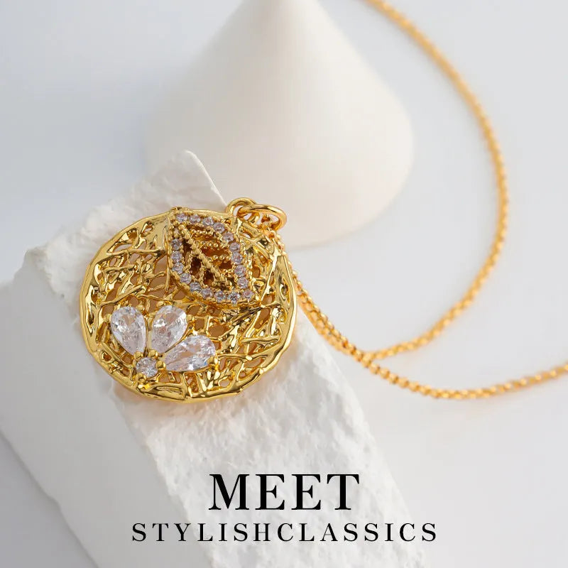 Retro geometric diamond-studded pendant necklace on a regular copper chain, electroplated finish, zircon stones, women's light luxury accessory