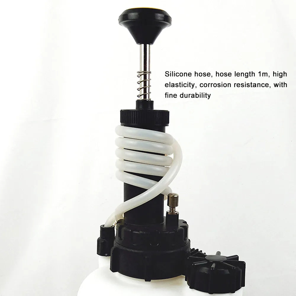3-litre white plastic brake fluid reservoir tank with copper pump and iron fittings for car maintenance.