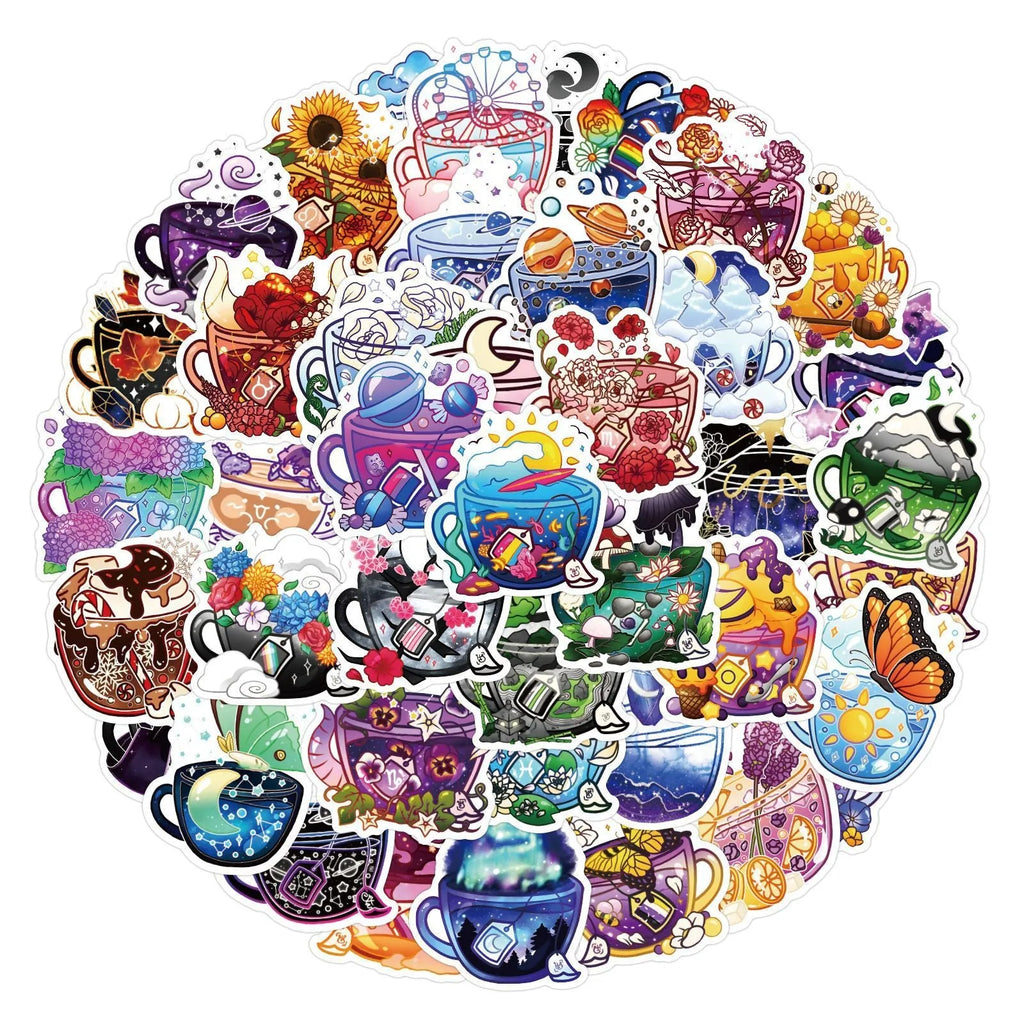 Pack of 50 colourful tea cup graffiti waterproof stickers for DIY luggage and scooter customisation.
