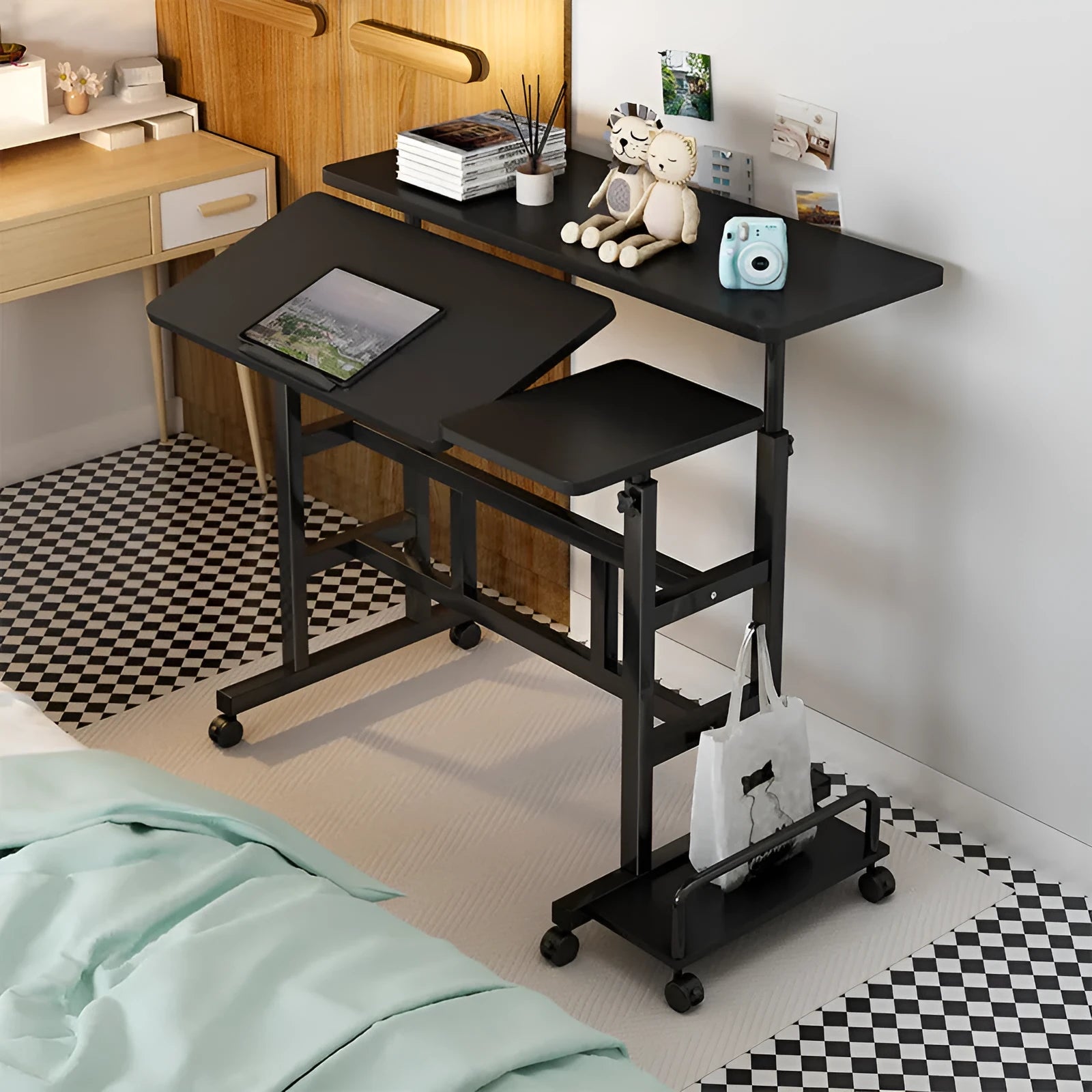 Mobile computer lifting foldable standing desk in bedroom with adjustable height and modern simple style