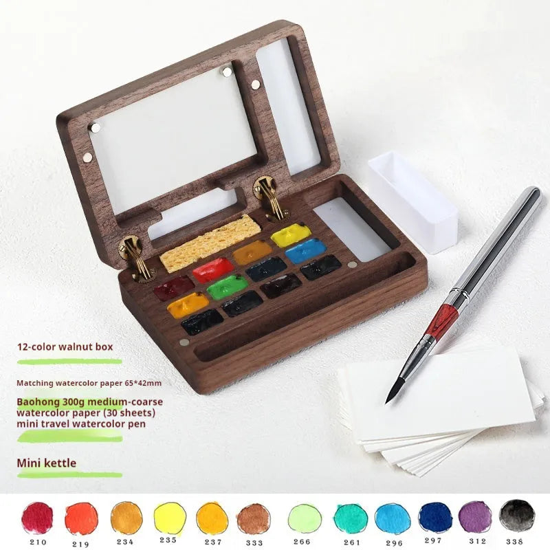 Mini wooden watercolour paint box with choice of pigment suit styles including Holbein and Schminke.