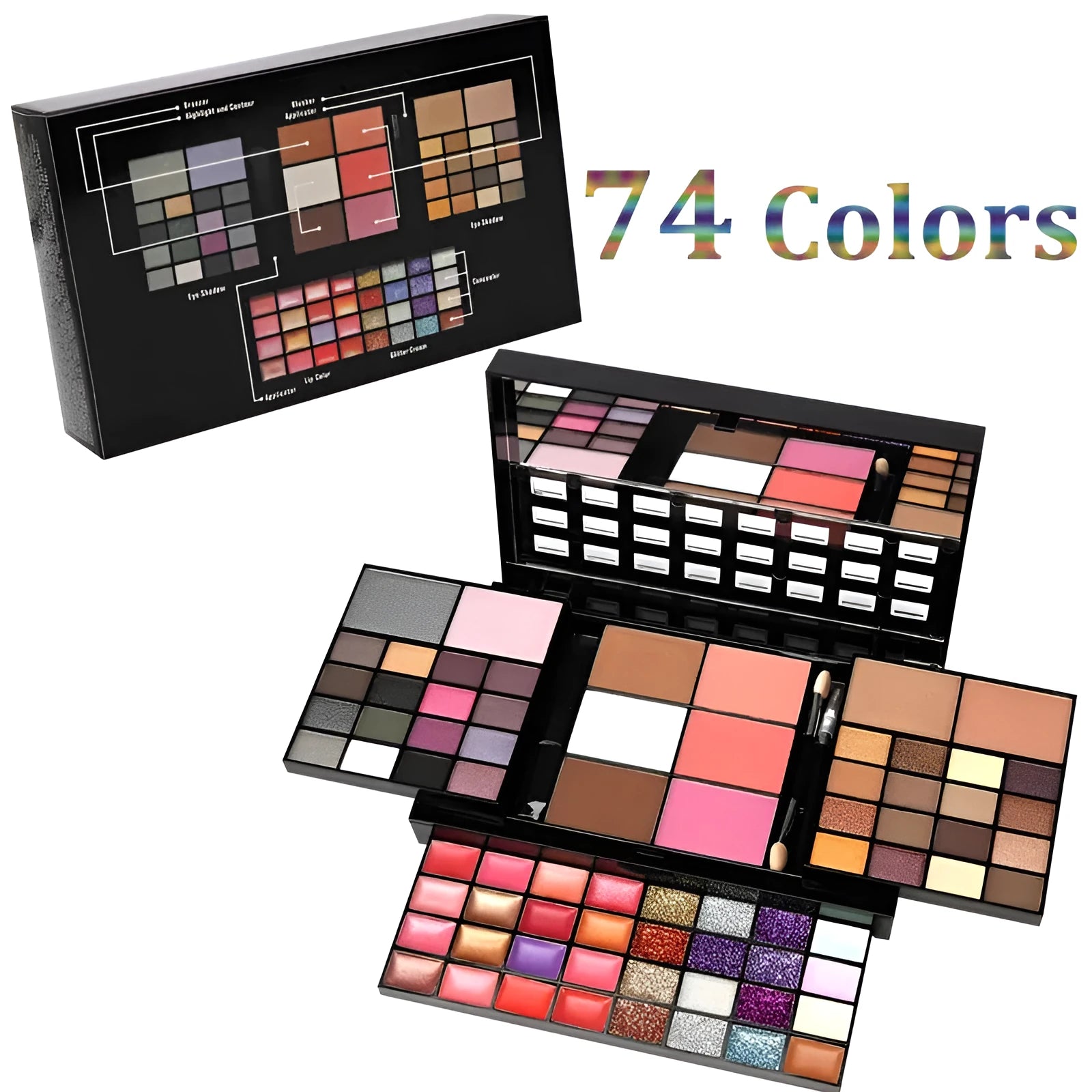 74 colour makeup palette with eyeshadows, lip glosses, concealer, blush and contouring powders in layered plates
