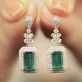 Green copper square bright zircon drop earrings with quadrilateral flower shape, court style for women