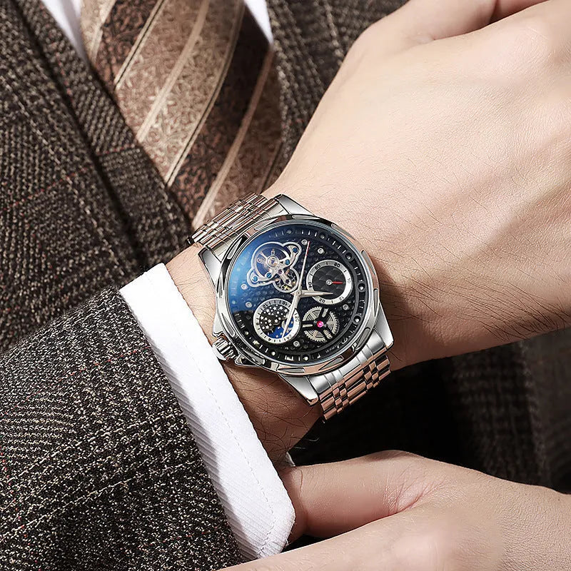 Men's automatic watch with luminous hands on stainless steel bracelet and leather strap options