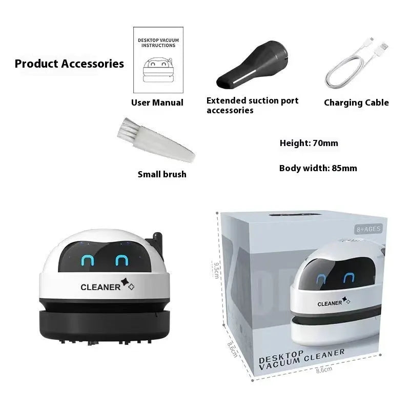 USB-powered handheld desktop vacuum cleaner in blue rocket design on a wooden desk.