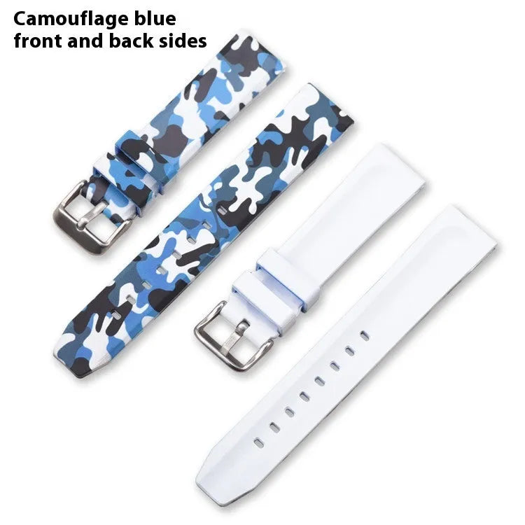 Blue, green, and grey camouflage patterned silicone watch strap shown in 20mm, 22mm, and 24mm width options.