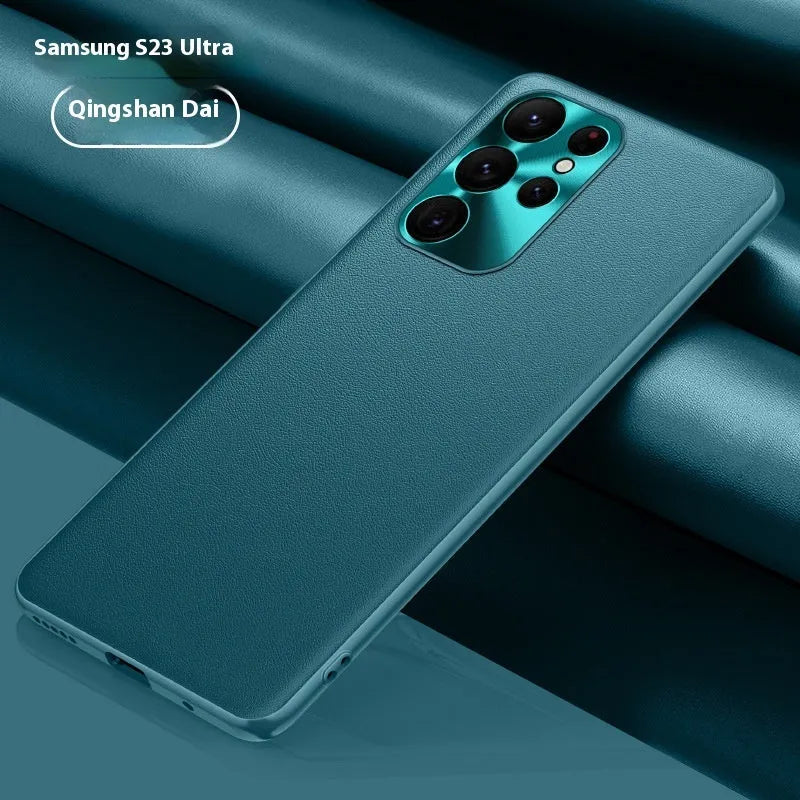 Leather pattern Samsung phone case with metal lens ring in Athens Black, shockproof back cover