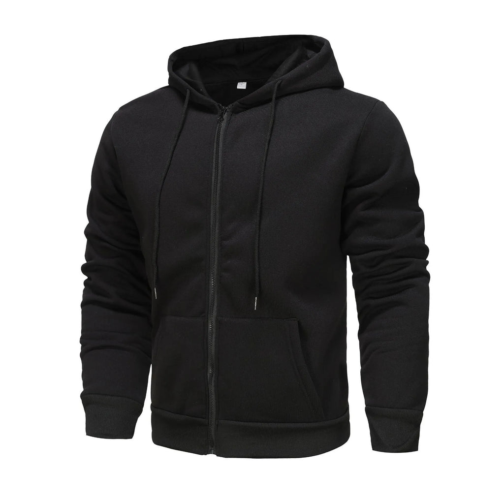 Men's black hooded zip cardigan with patch pockets in hip hop style