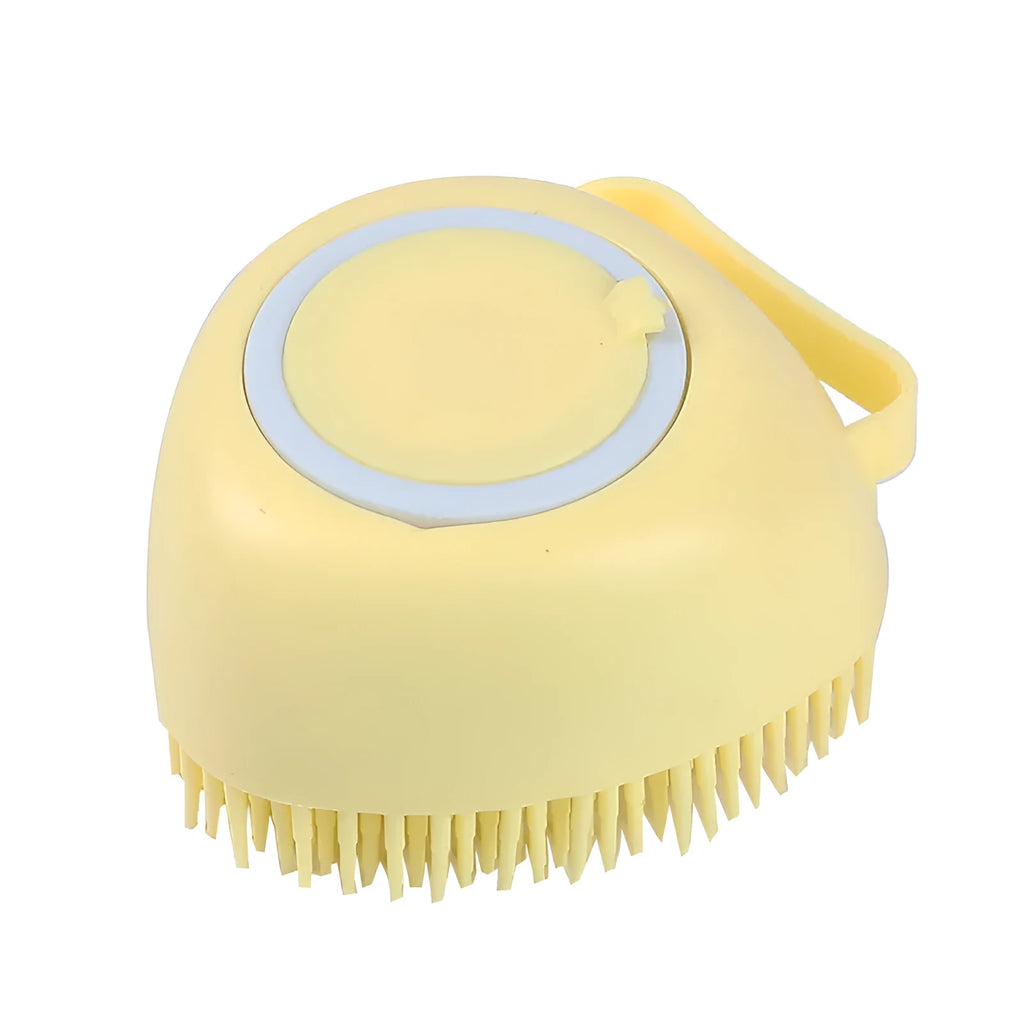 Blue silicone dog bath brush with flexible fingers for grooming and massage during pet baths.