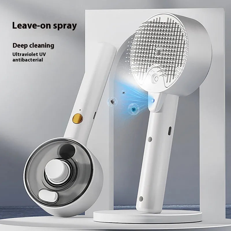 Ceramic white pet grooming comb with UVC light, spray mist tank, and soft needles for dog and cat hair removal.