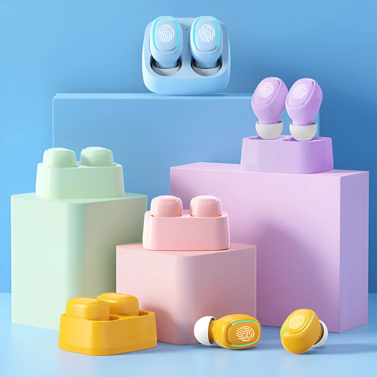 Wireless Bluetooth earplug-style earbuds with 10m range, 4 hour USB charging, shown in blue, pink, black, yellow, green and purple