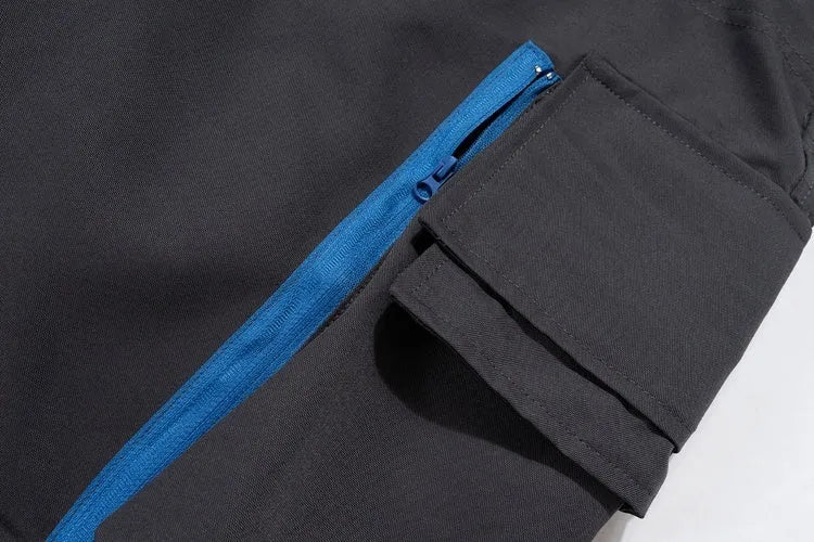 Multi-pocket contrast zip casual baggy pants in dark grey cotton with loose fit and mid waist