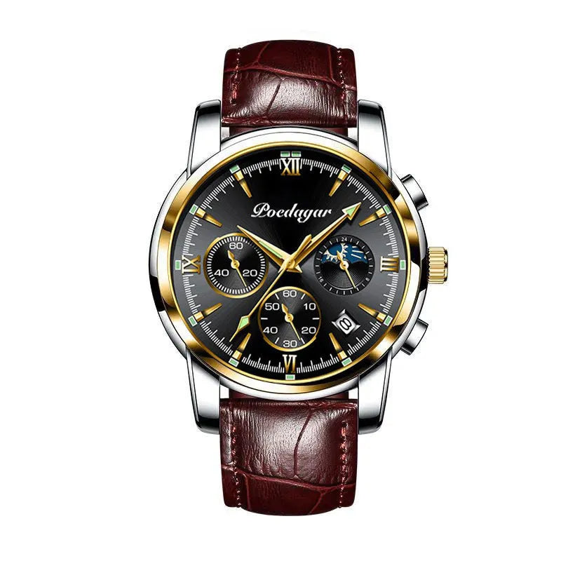 Multifunctional men's luminous waterproof quartz watch with stainless steel belt, silver case, and blue dial, 7mm thickness