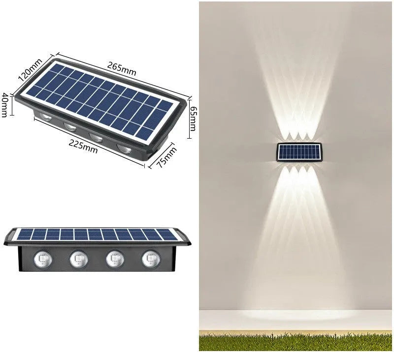 Solar outdoor wall light with 4 LED beads and glass polysilicon panel mounted on a garden wall