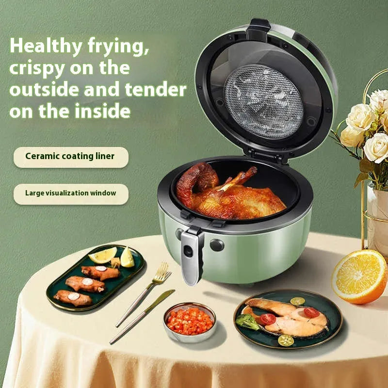 Mechanical button air fryer oven with glass viewing window and 8-litre capacity on kitchen counter