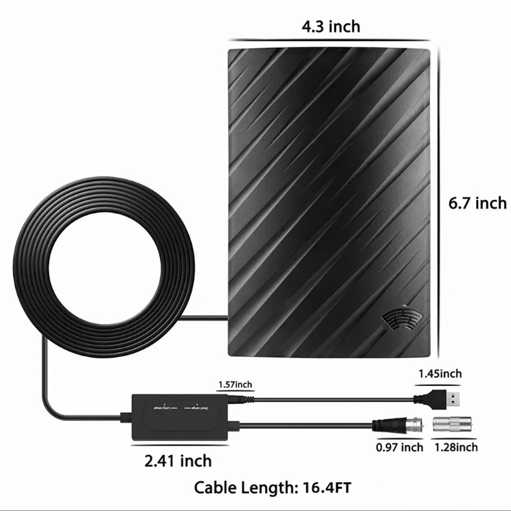 Black plastic digital HD television antenna with included mounting screws, expansion tubes, cable ties, and adhesive tape.