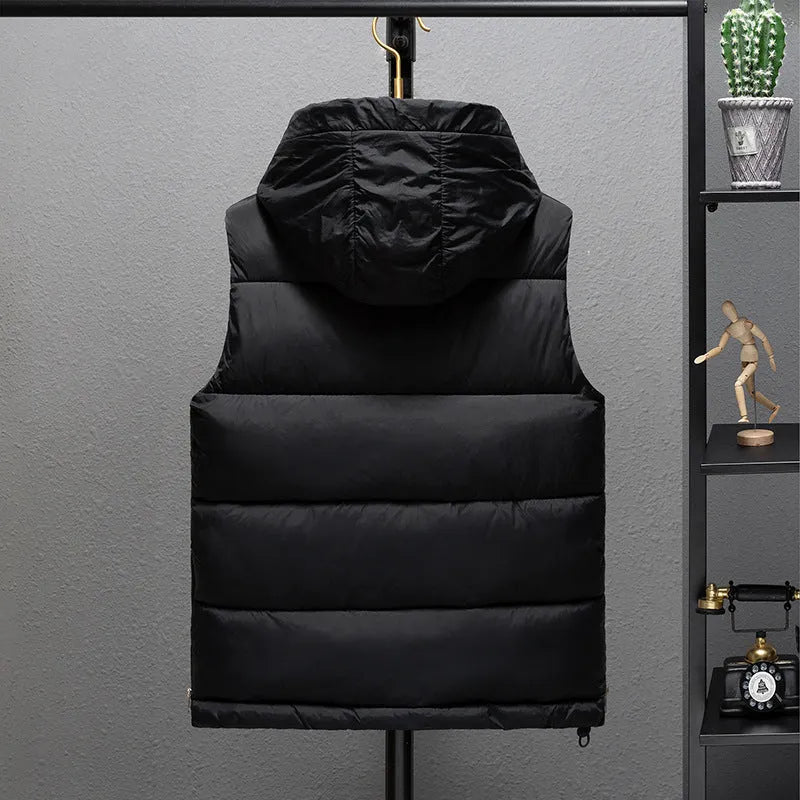 Men's black polyester vest jacket with zip front, regular length 50cm, shown on a hanger.