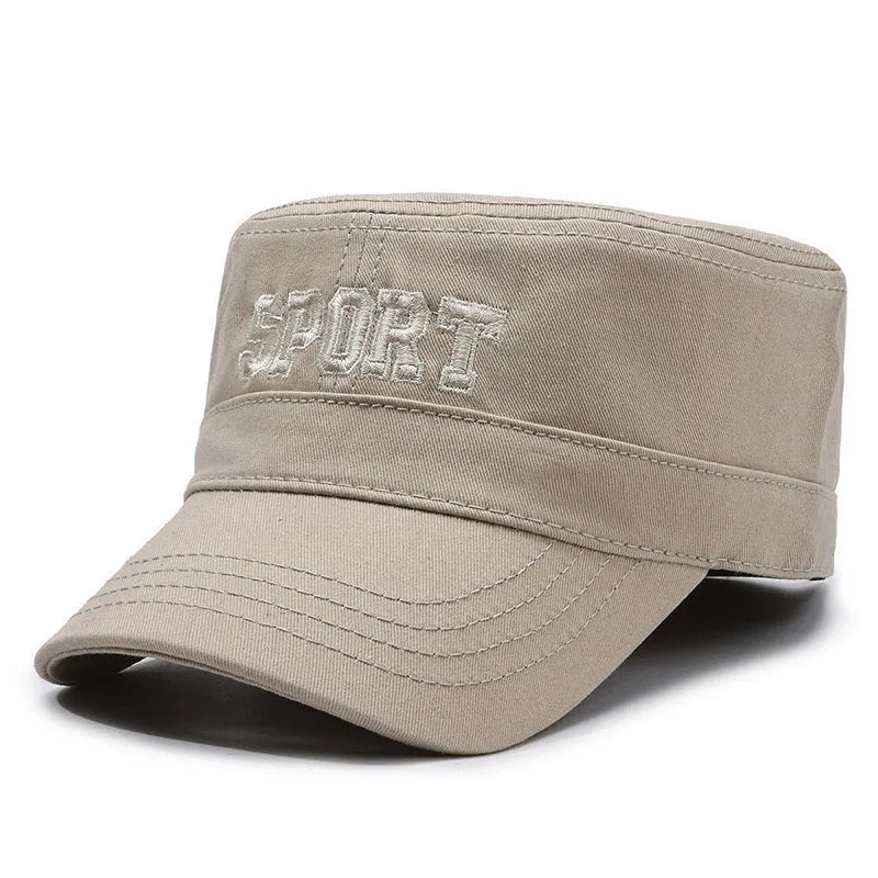 Men's adjustable cotton peaked cap in dome crown style with English letter detailing.