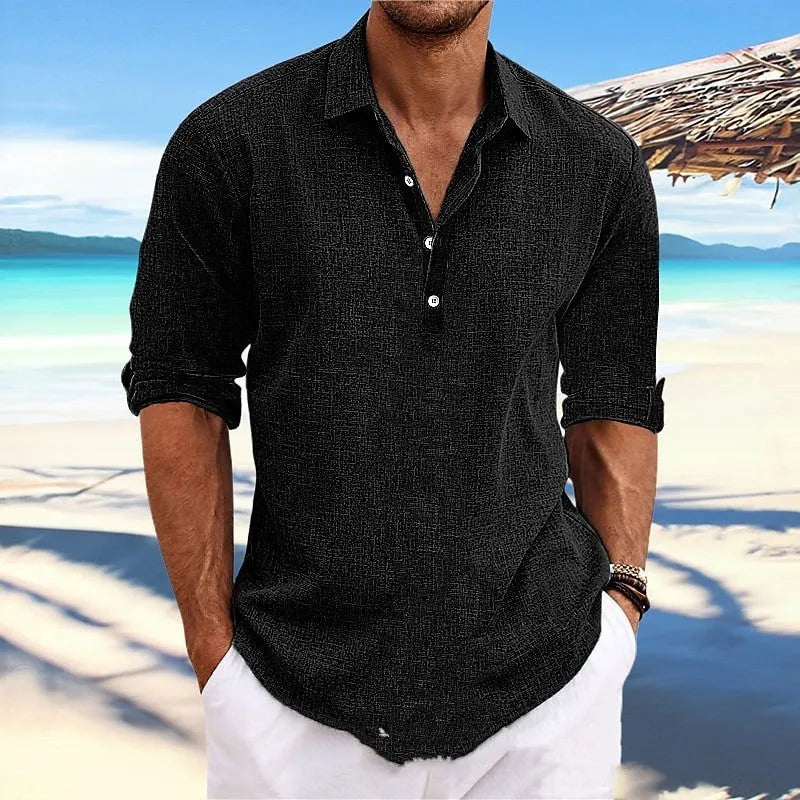 Men's loose-fit solid colour pullover shirt in khaki, front view