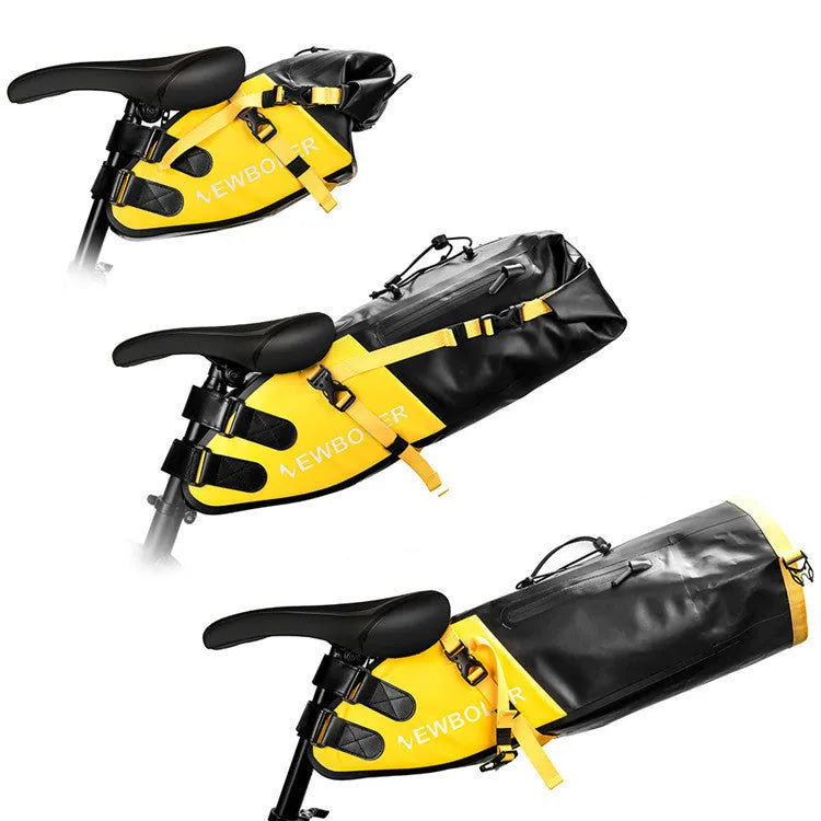 Yellow waterproof PVC bicycle tail bag mounted on a bike rack, showing its 13-litre capacity and sturdy construction.