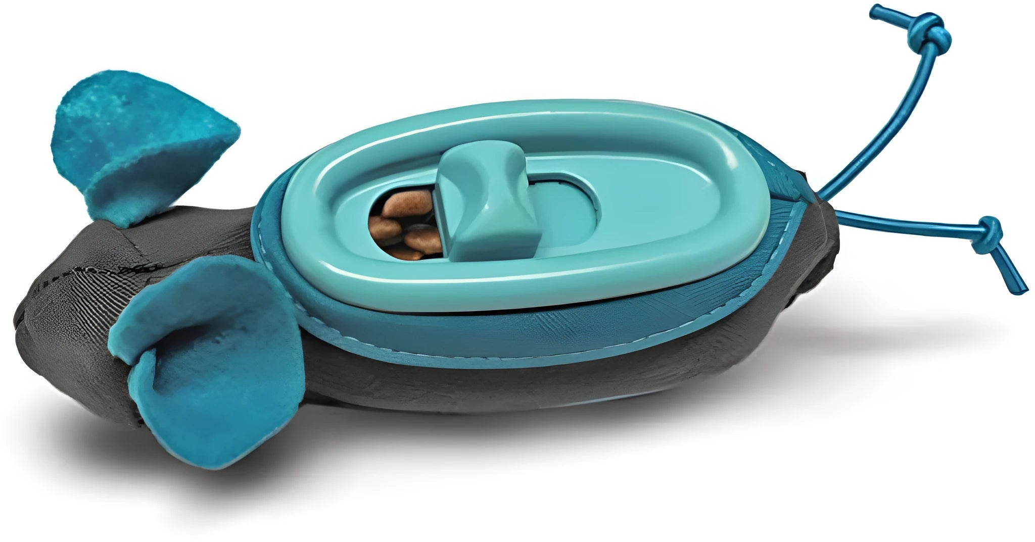 Blue interactive indoor treat dispenser mouse toy for cats with fabric skin and plastic feeder