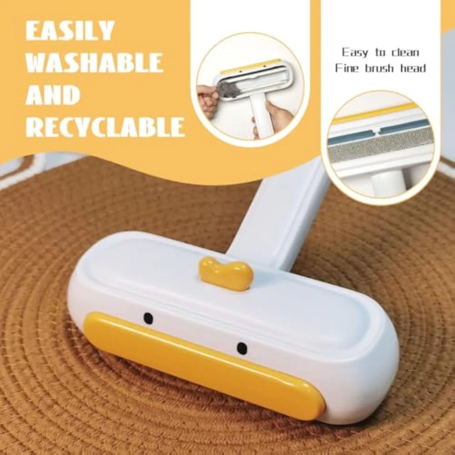 Yellow duck design portable pet hair removal hand roller with brush head.