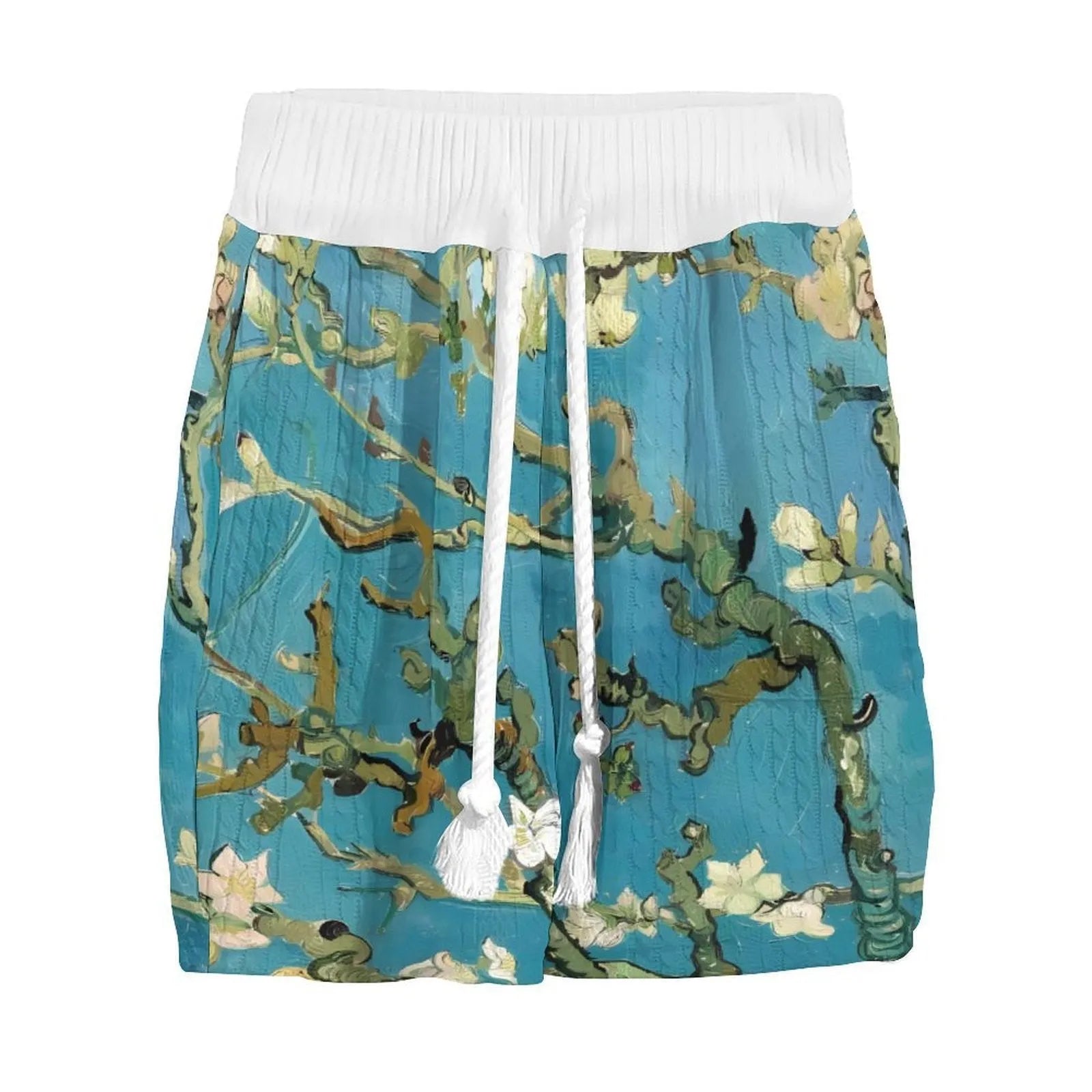 Men's peacock blue knitted casual shorts suit with T-shirt top on a plain background.