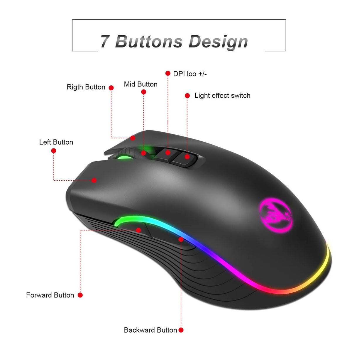 Black TYPE-C wireless gaming mouse with RGB light, 7 buttons, 2400DPI, and USB receiver