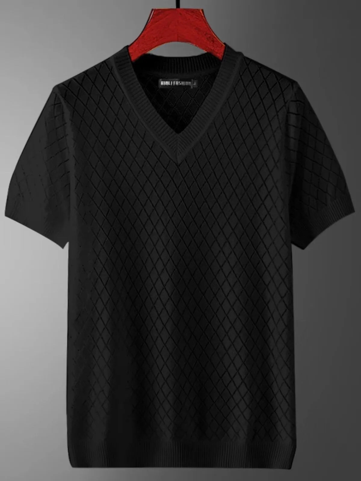Men's ice silk short sleeve T-shirt shown in black and white, featuring both V-neck and round neck style options.